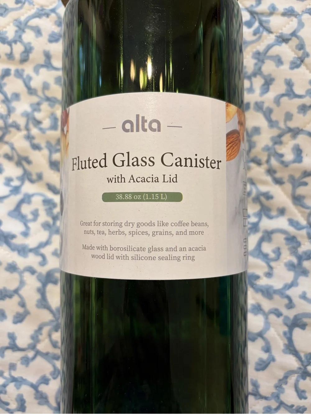 Alta Green Fluted Glass Canister with Acacia Wood Lid 38.88 oz